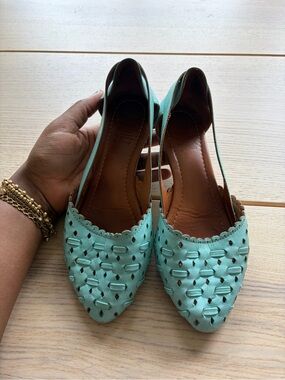 Khutz Pointed Toe Mint Green Woven Slingback Flats